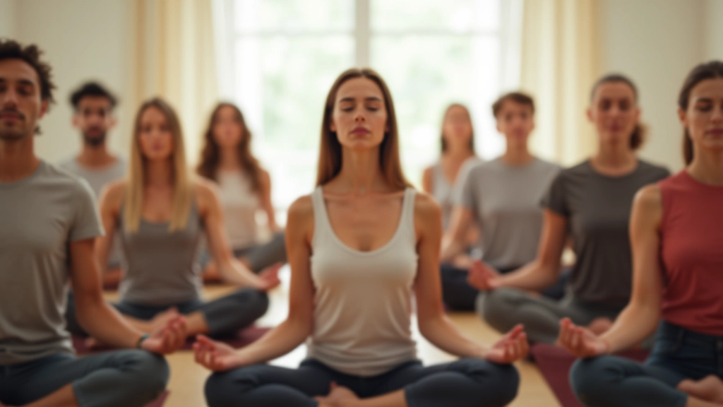 Participantes em workshop de meditação em grupo, em círculo, com olhos fechados em profunda concentração