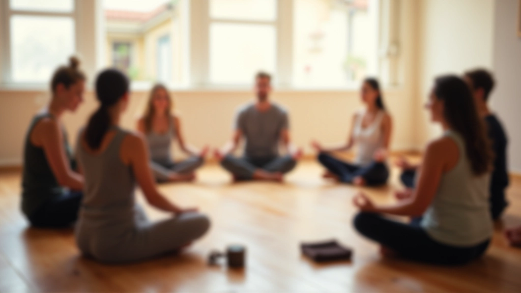 Workshops de meditação em grupo com vários participantes sentados em círculo numa sala clara