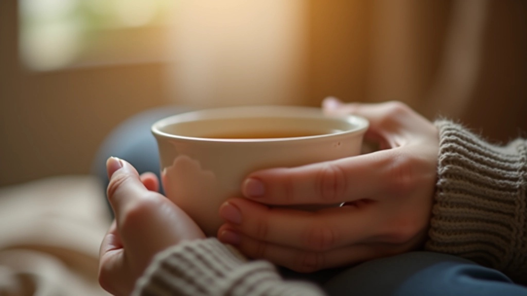 Mão segurando uma chávena de chá quente num ambiente calmo e acolhedor, com luz natural suave