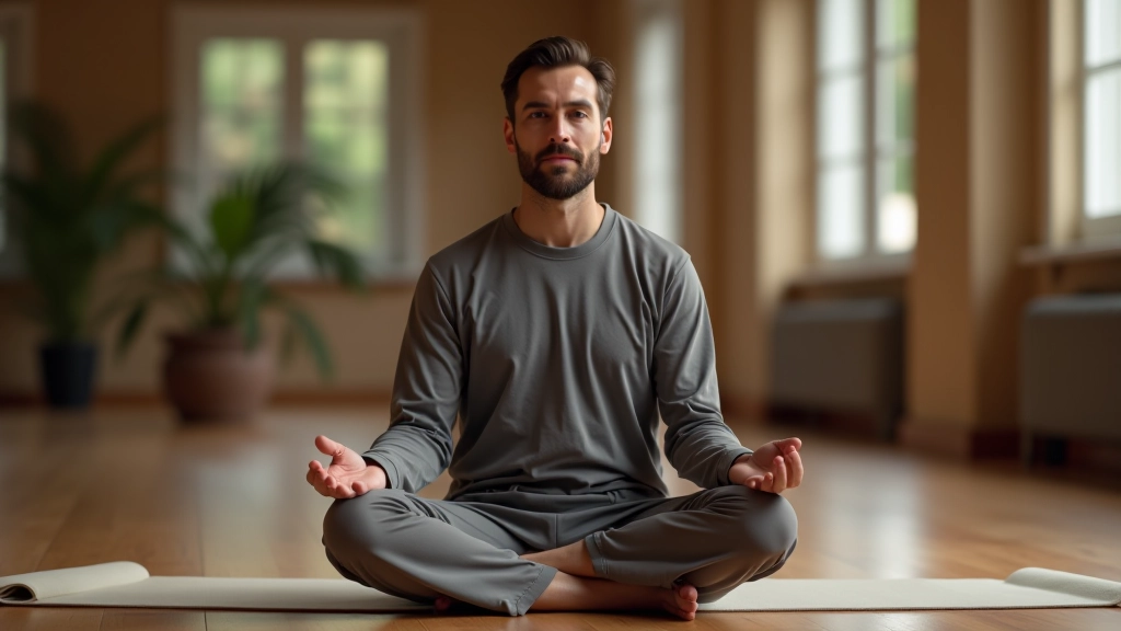 Homem num estúdio de yoga limpo e minimalista, sentado em posição de lótus com postura alinhada durante meditação