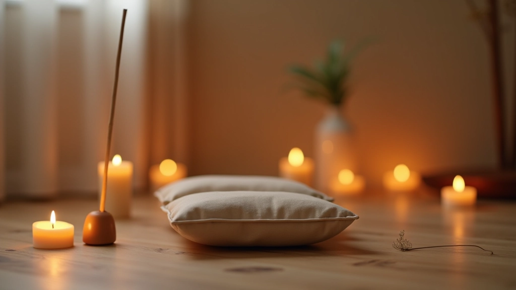 Espaço de meditação com almofada de meditação, velas acesas e incenso num ambiente tranquilo