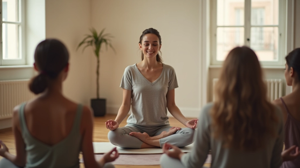 Instrutor de meditação guiando uma aula em estúdio tranquilo com participantes