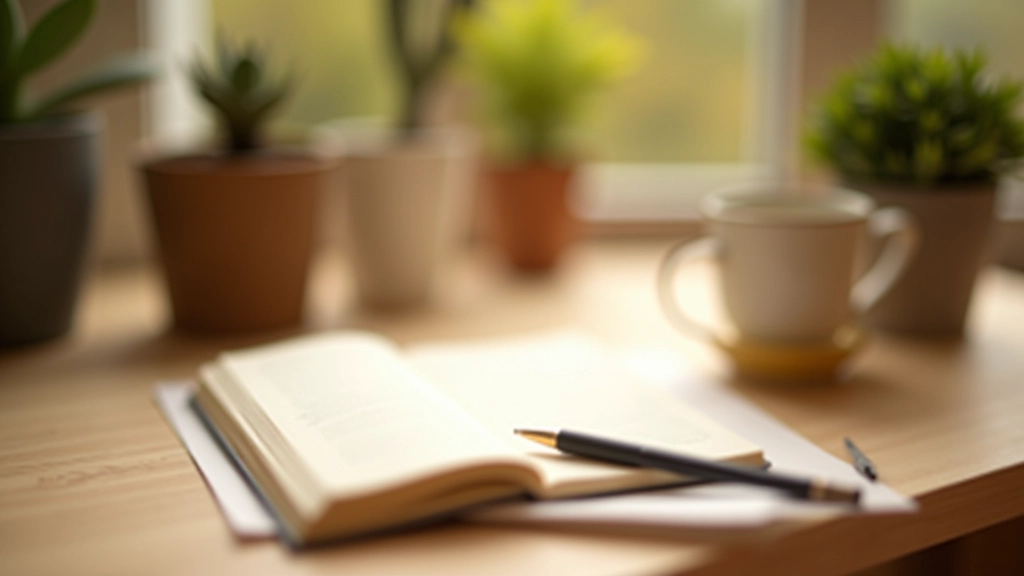 Diário pessoal aberto com notas sobre meditação, xícara de chá e flores secas numa mesa de trabalho