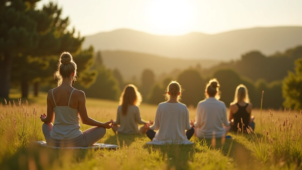 Sessão de meditação ao ar livre em paisagem natural portuguesa com participantes