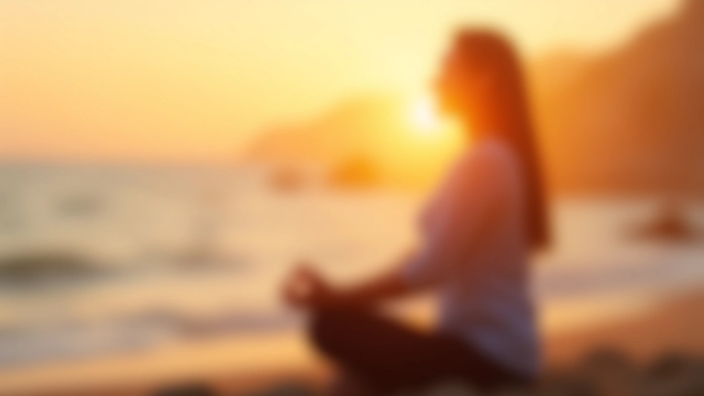 Pessoa ao pôr do sol numa praia, sentada em posição meditativa com vista para o oceano, expressão tranquila