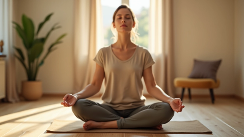 Pessoa sentada em posição de lótus numa sala iluminada naturalmente, com olhos fechados em estado de relaxamento profundo