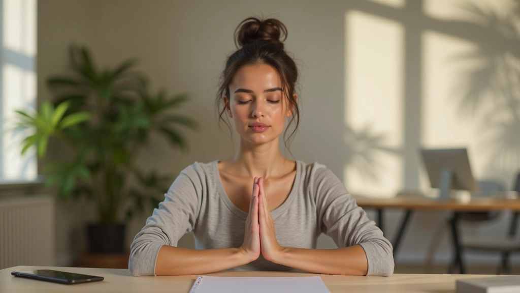 Pessoa praticando exercícios de respiração profunda com as mãos no peito, expressão focada