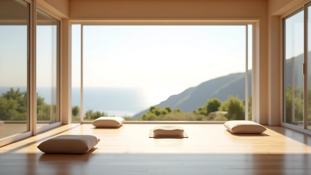 Panorâmica de uma sala de meditação com vista para a paisagem portuguesa, janelas grandes e luz natural abundante