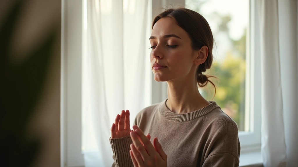 Mulher a praticar respiração consciente junto a uma janela, com luz natural e expressão calma e focada