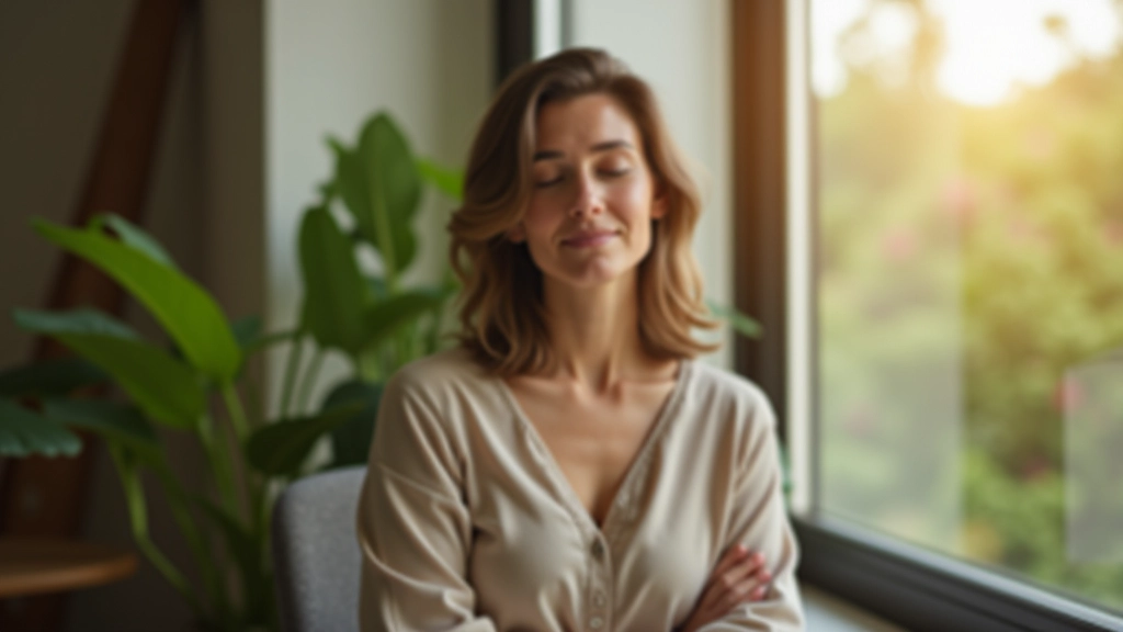 Mulher num espaço calmo com plantas verdes, praticando respiração profunda perto da janela com luz natural