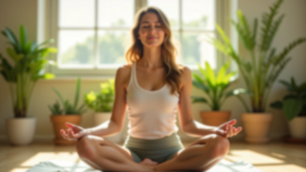 Mulher em posição de meditação num ambiente sereno com plantas e luz natural